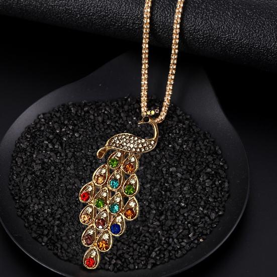 Fashion Women Multi-color Long Peacock Rhinestone Wedding Sweater Necklace