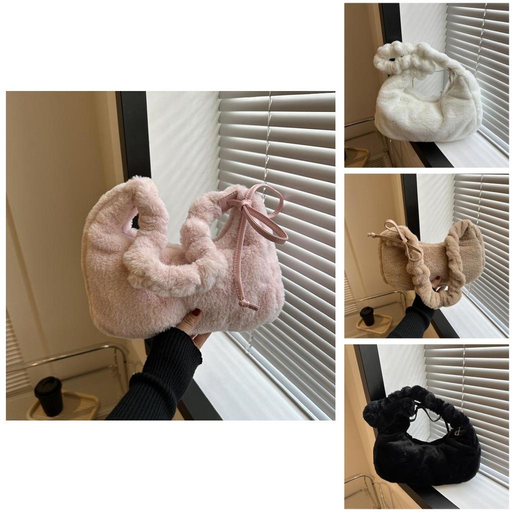Solid Color Bow Decoration Plush Shoulder Bag With Zipper Closure For Daily Use