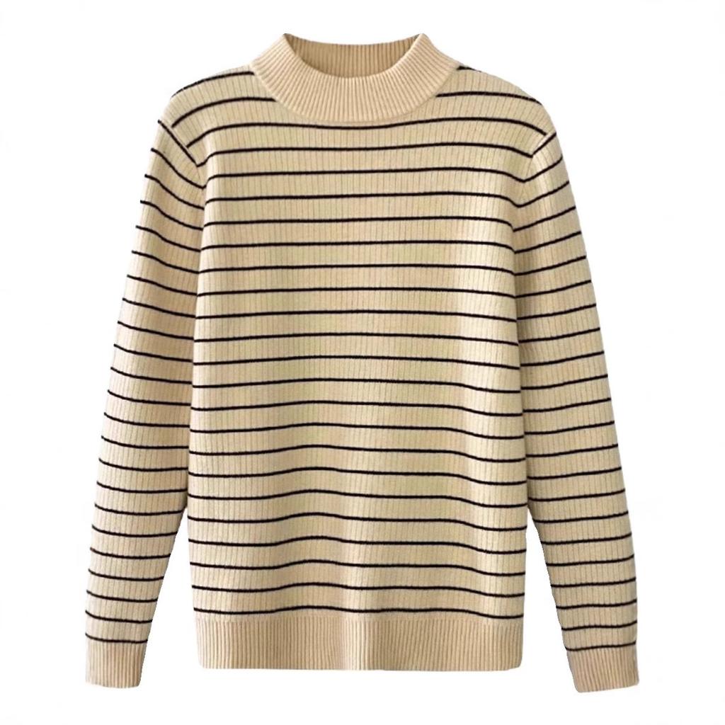 Women's Autumn Winter Thickened Striped Sweater with Integrated Fleece Fabric Half-High Neck Base Layer Top