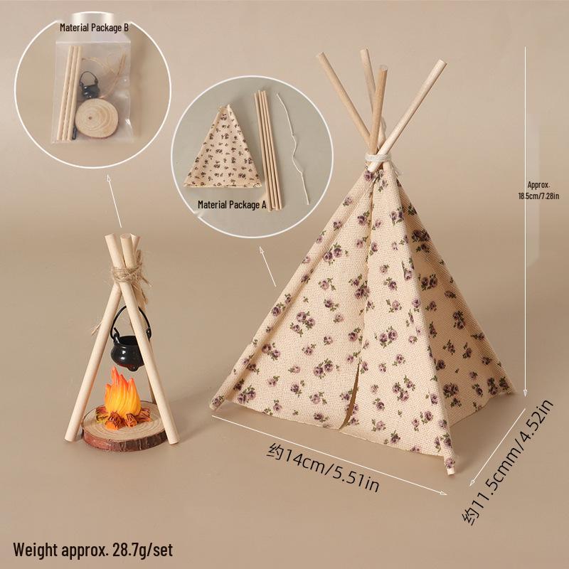 Mini Dollhouse Tent with Hanging Stove - Outdoor Scene Photography Prop & Play Toy