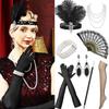 1920er Jahre Flapper Feder Stirnband Perlenkette Armband Ohrringe Set Acht Teile Vintage Stil Accessoires für Kostümparty