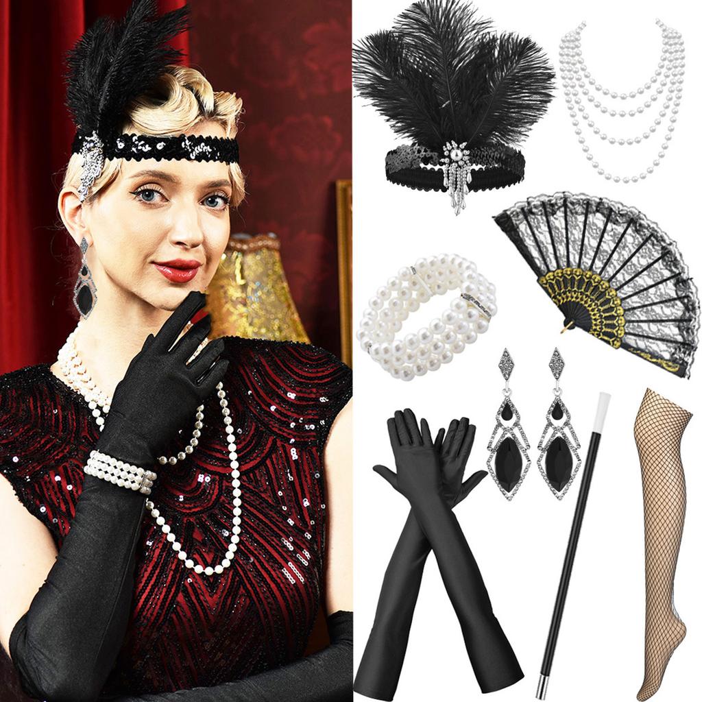 1920er Jahre Flapper Feder Stirnband Perlenkette Armband Ohrringe Set Acht Teile Vintage Stil Accessoires für Kostümparty
