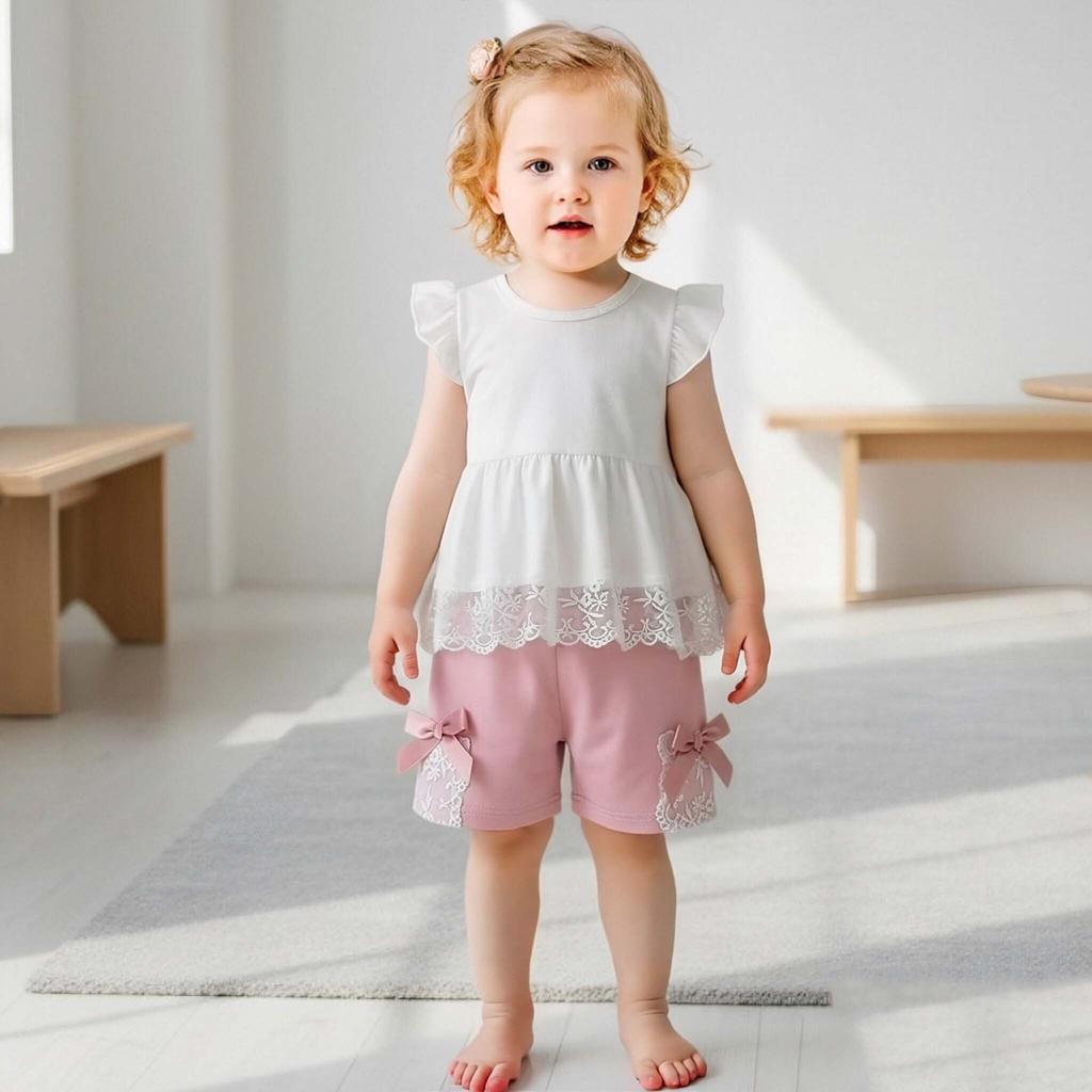 Baby Mädchen Bekleidungsset 0-2 Jahre Kurzarm Oberteile und Shorts Kleinkind Mädchen Spitze Patchwork Outfit Frühling Sommer Tägliche Kleidung für 0-24M
