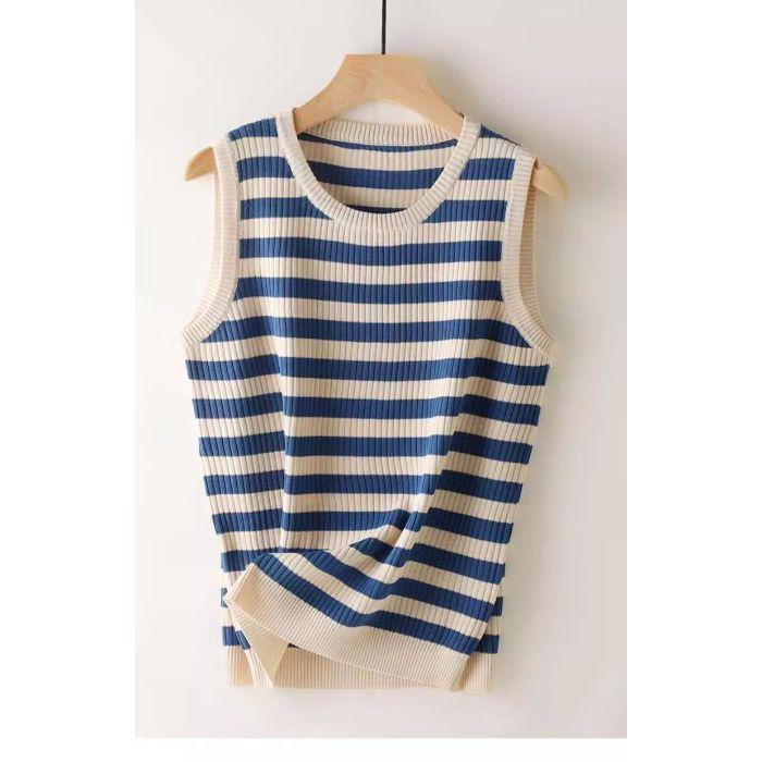Dámský jarně-letní pruhovaný pletený tílko z ledového hedvábí - Volný, zeštíhlující, bez rukávů, kulatý výstřih