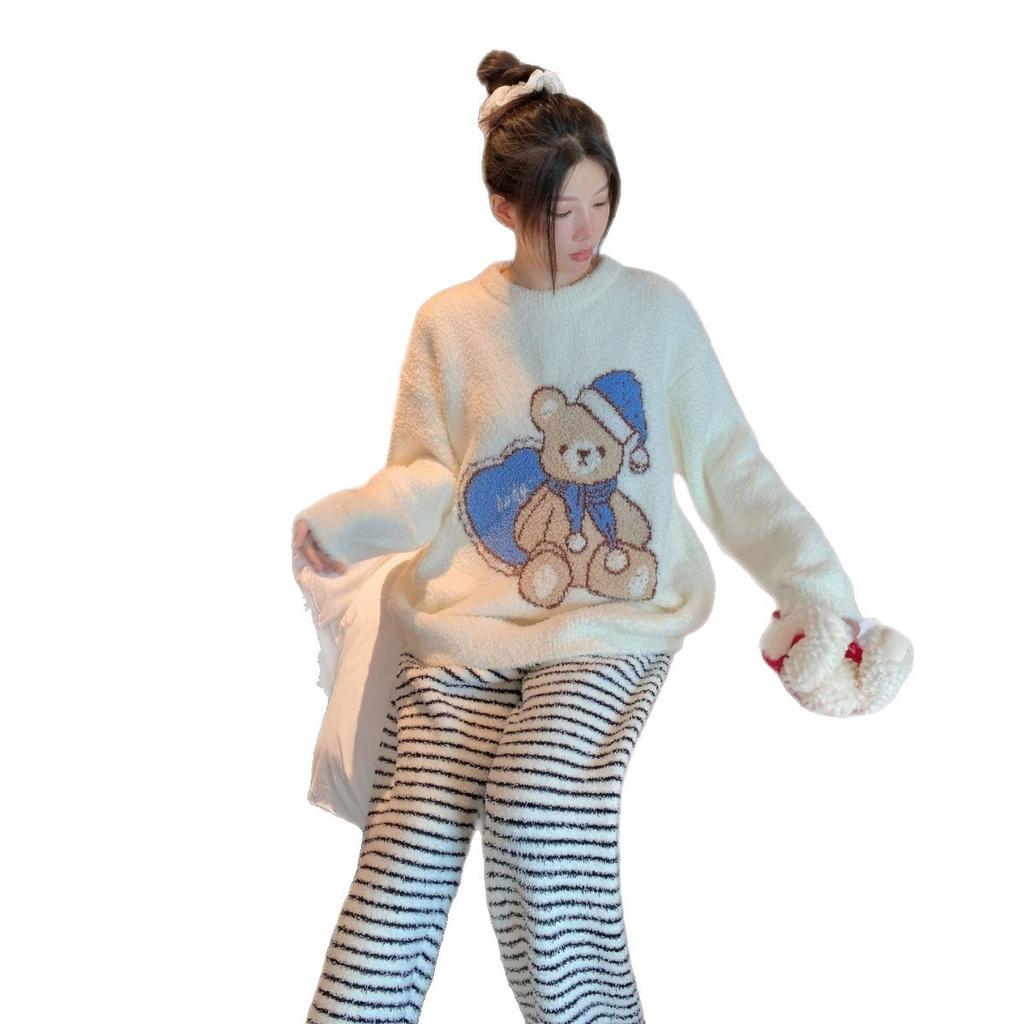 Autumn and winter new products cute cartoon bear pajamas girl soft thickened women's loungewear pajamas set loose
