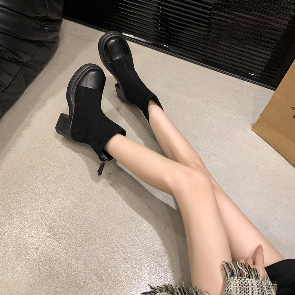 Martin-kängor dam högklackade stövlar 2025 nya höst- och vinter små tjocksulade korta stövlar tjockklackade elastiska stövlar visar smala stövlar