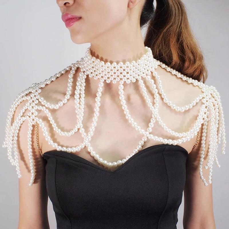 

Fashion Pearl Shoulder Chain Jewelry Wedding Party Big Necklace Sweater Chain Shoulder Chain Wedding Accessories Gift for Women белый