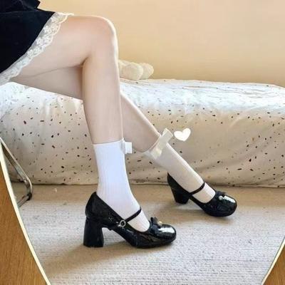 Bow Small Fragrant Style High Heel Mary Jane Shoes Women's 2025 New Spring Pearl Square Head Temperament Thick Heel Single Shoes