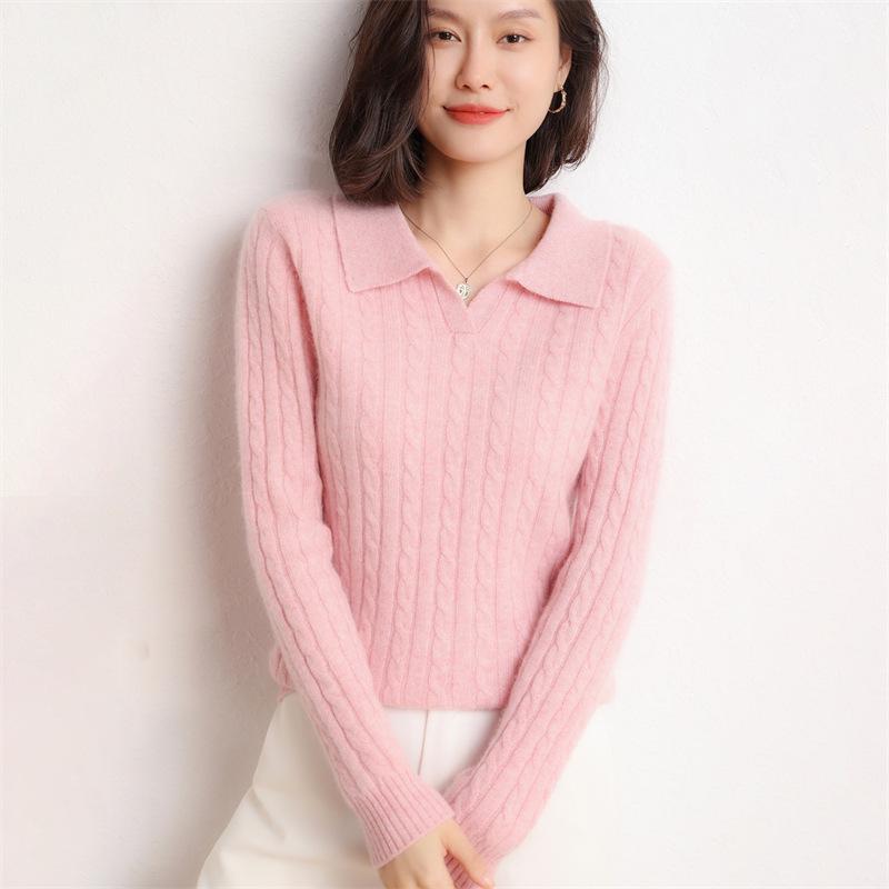 Women's Cable Knit Cashmere Polo Collar Sweater with Lapel and Long Sleeves
