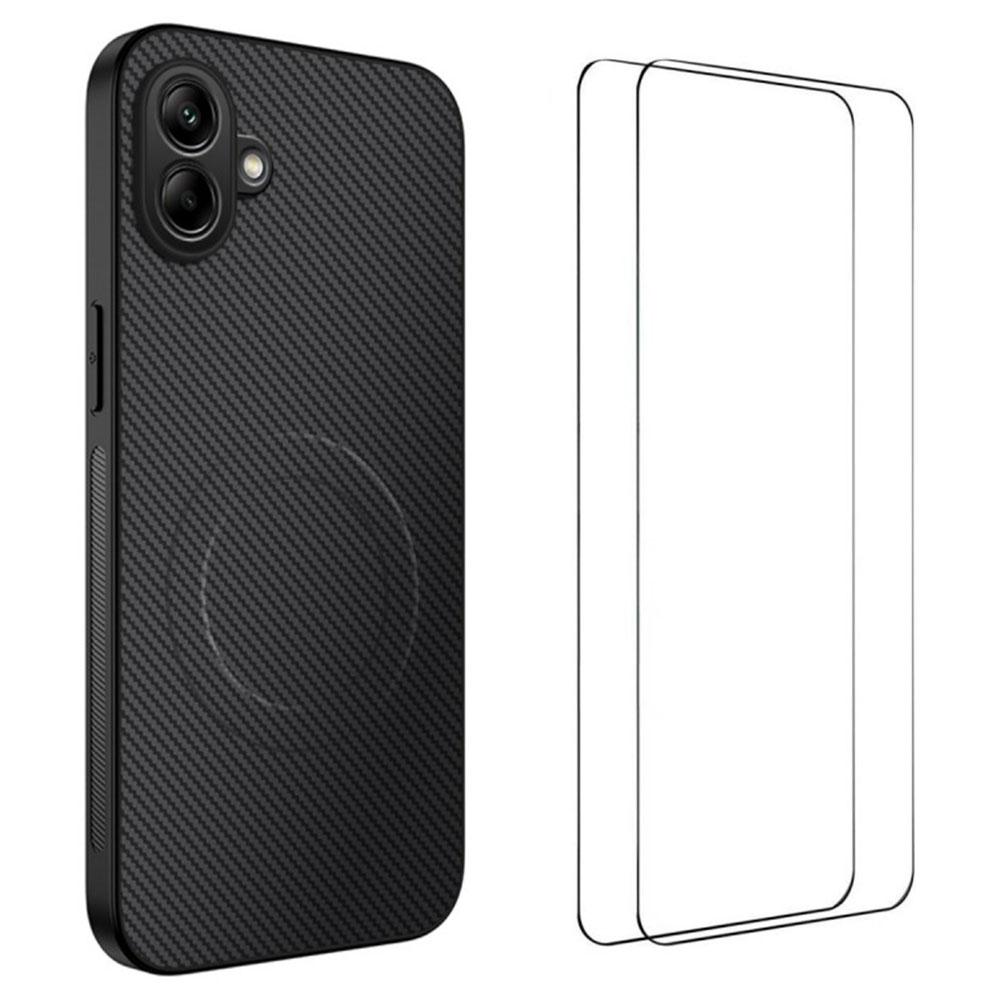 WANLONFENG TQ1 Series For Samsung Galaxy A07 Magnetic Case Carbon Fiber Texture PC TPU Phone Cover with 2Pcs Screen Films