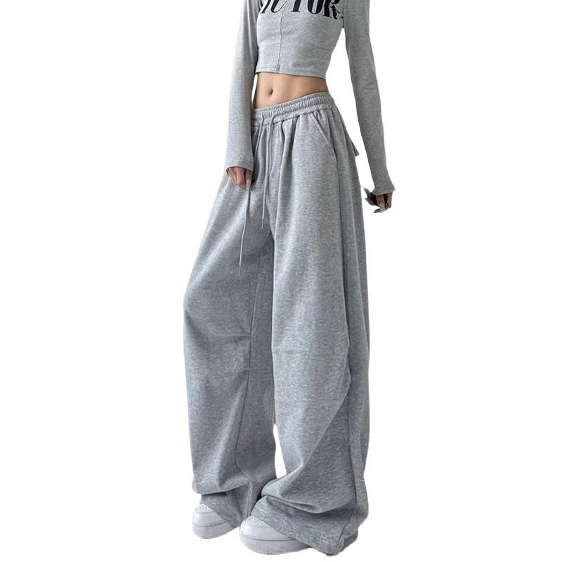 2025 Women's American-Style Grey High-Waist Cargo Sweatpants - Spring/Autumn Wide-Leg Loose Fit
