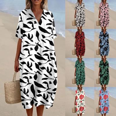 Vestido Feminino Solto Casual Moda Decote V Estampado Saia de Praia
