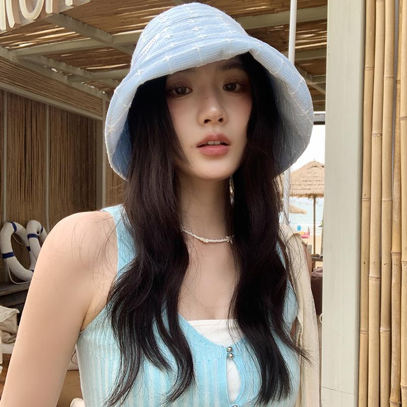 

Plaid big brim bucket hat women s retro bucket hat shows a small lace-up temperament basin hat tide Adult average size (56-58cm) синій