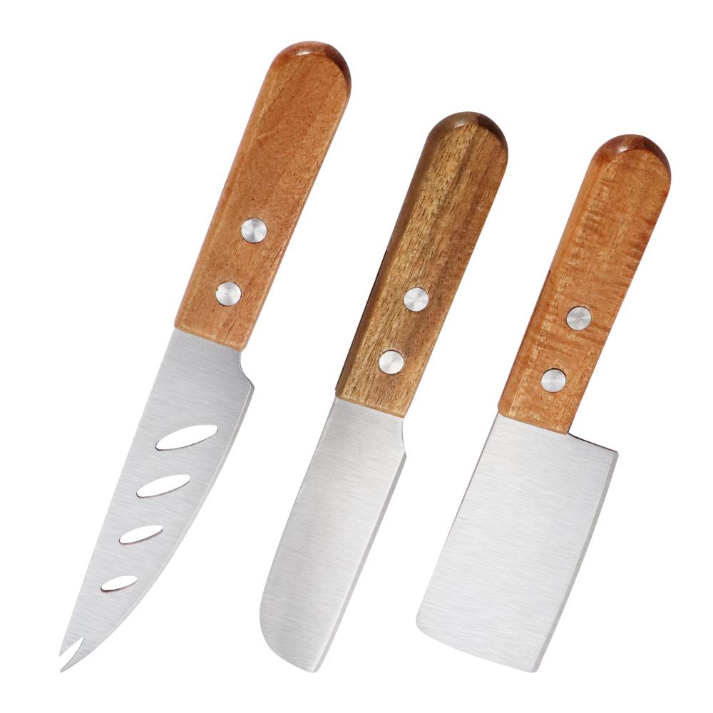 3pcs Stainless Steel Cheese Knife Set  Multi-Use Wooden Handle Butter scraper Cheese fork Cheese Slicer Baking knife