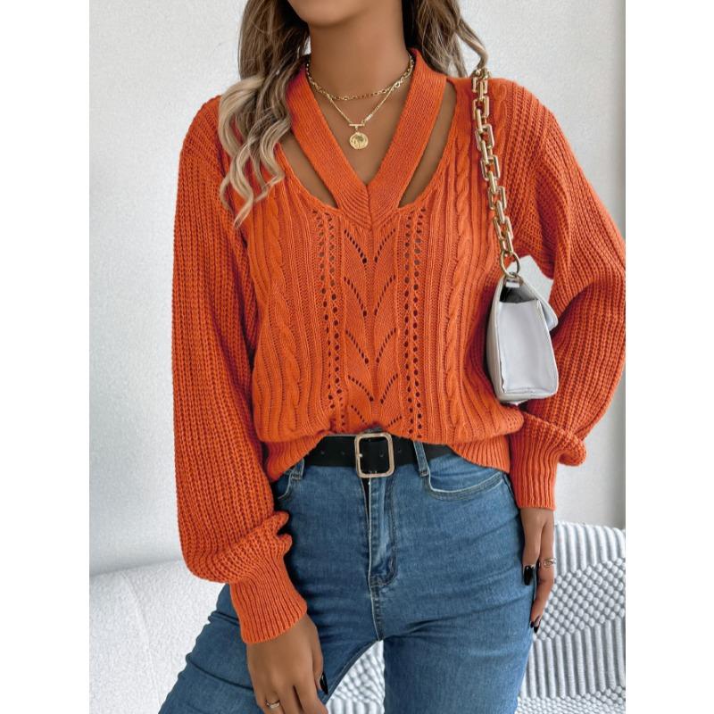 Autumn Winter Casual Hollow Out V-neck Twist Pullover Sweater Long Sleeve Casual Fashion Elegant Casual Tops Ladies Office Streetwear Simple Clothing