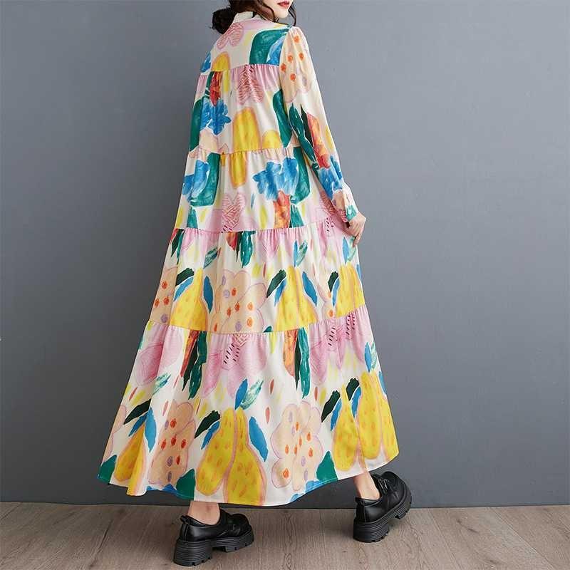 New Large Size Loose Thin Fashion Long-sleeved Printed Mid-length Dresses