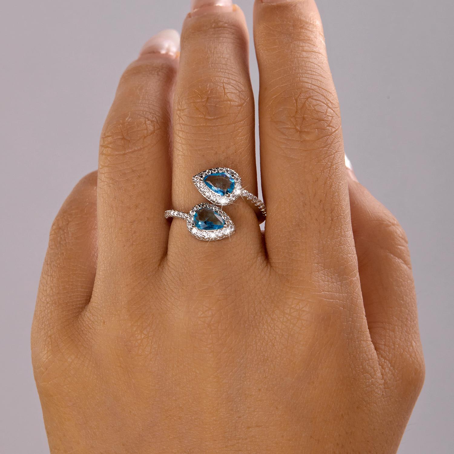 Elegant Pear Cut Blue Zircon Bypass Ring for Women Copper Twin Stones Halo Evening Cocktail Party Brilliant Statement Jewelry