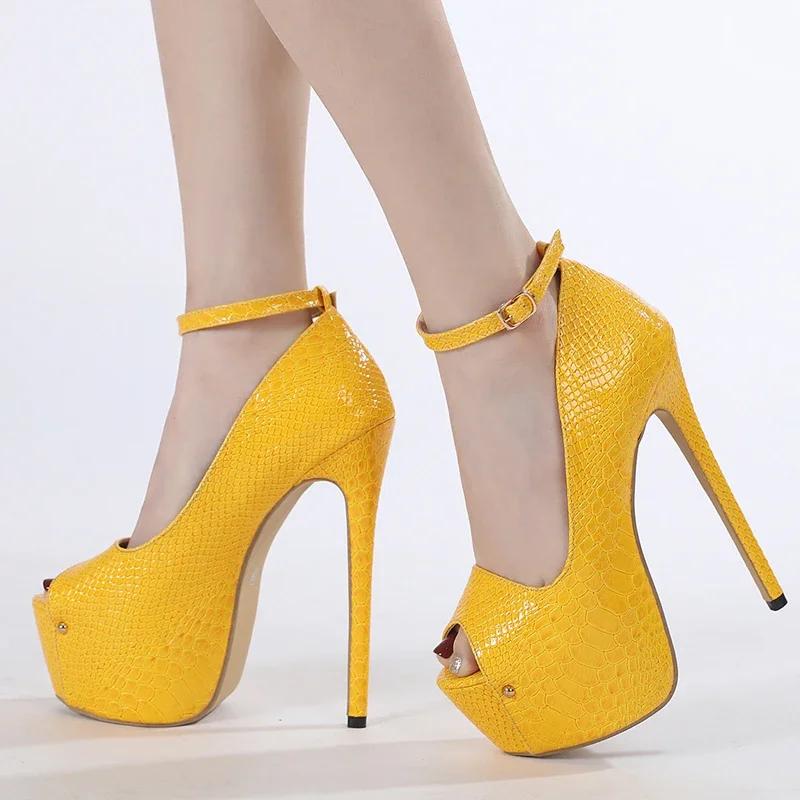 Fashion Sexy Peep Toe Buckle Strap Platform High Heels Womens Super-high Heels Stripper Nightclub Prom Party Shoes Yellow Block Heel