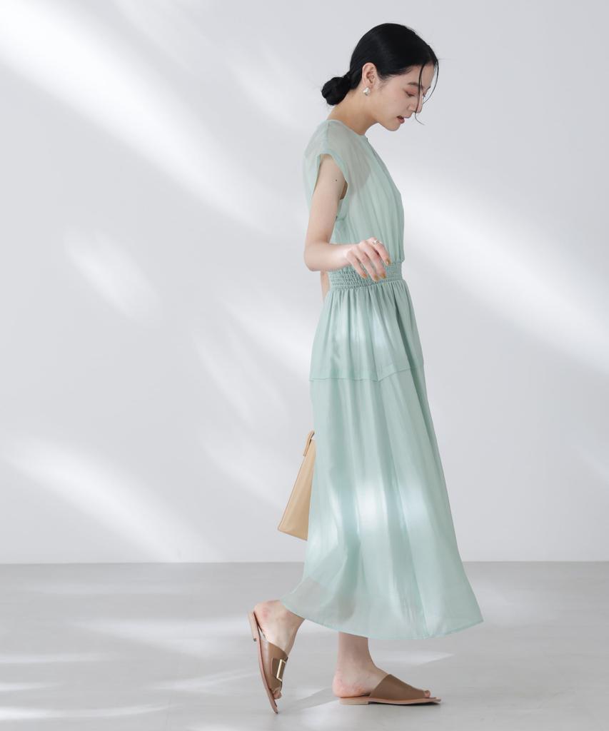 Nano Universe Sheer Satin Waist Shirred Size M Dress, Women's, (132), Mint, 669-5219302