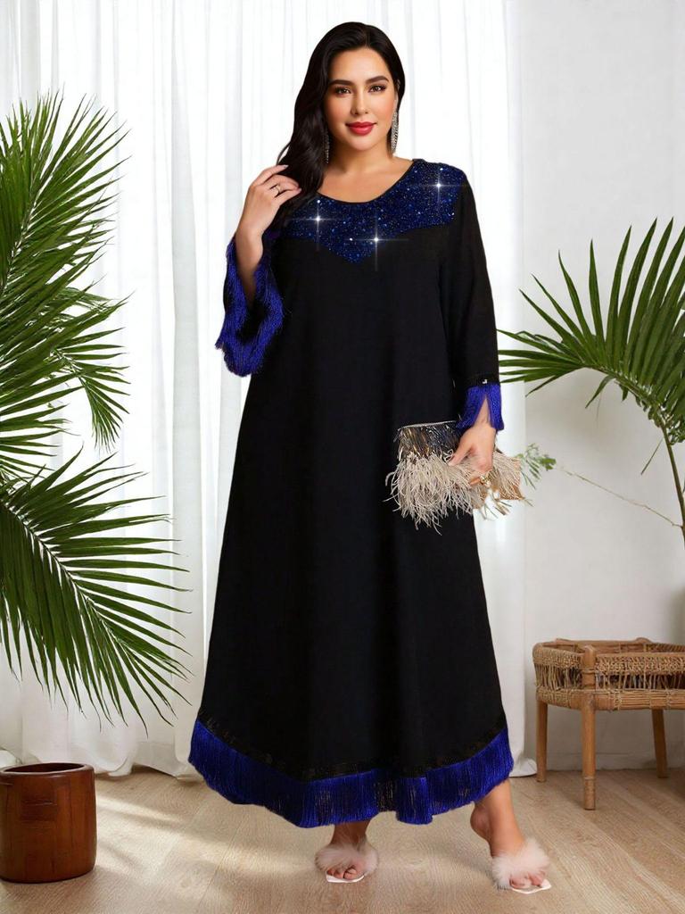 Plus Size Royal Blue Sequin Patchwork Tassel Cuff Islamic Style Long Dress