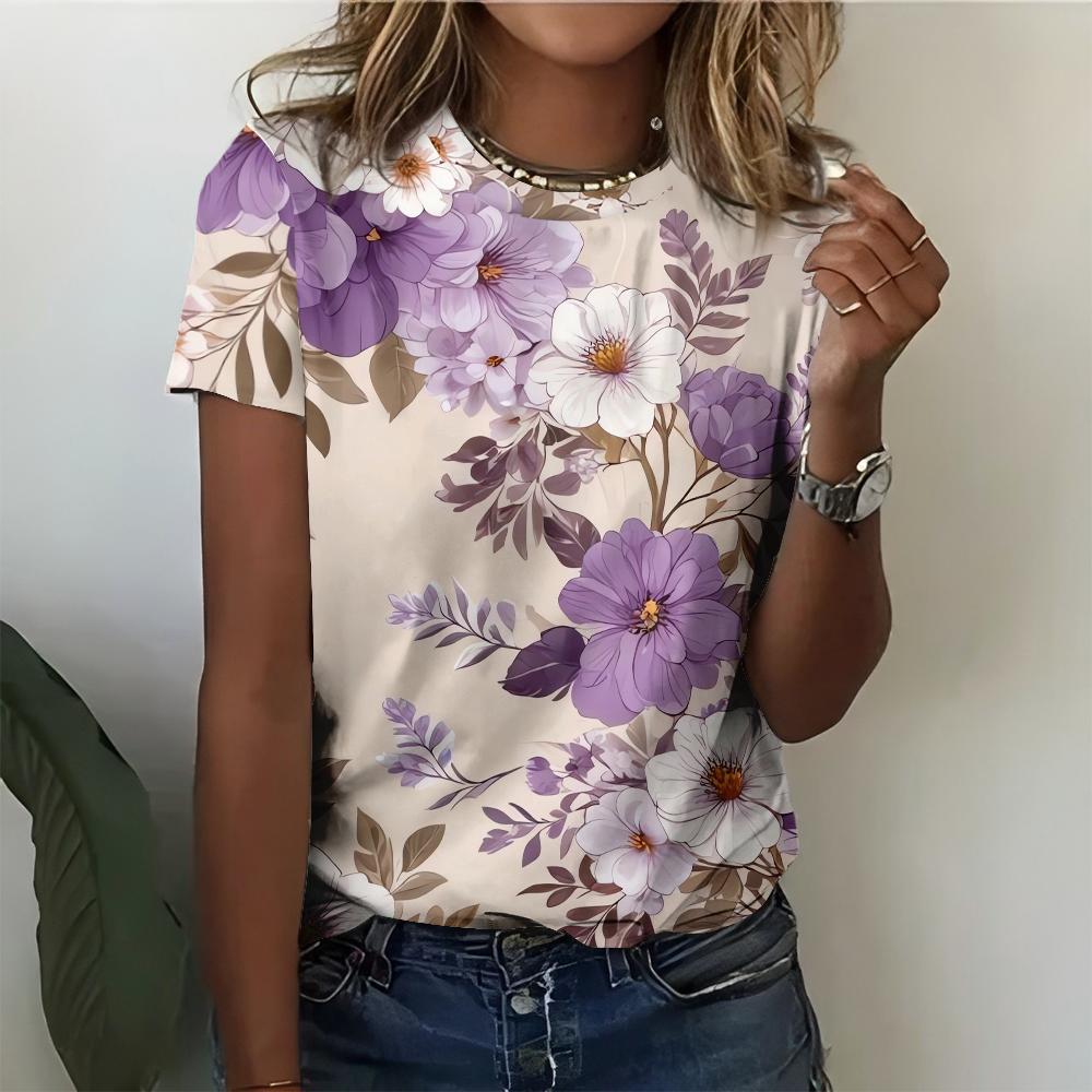 

Romantic Countryside Purple and White Floral Print Summer Daily Versatile Women s Short Sleeved T-shirt S
