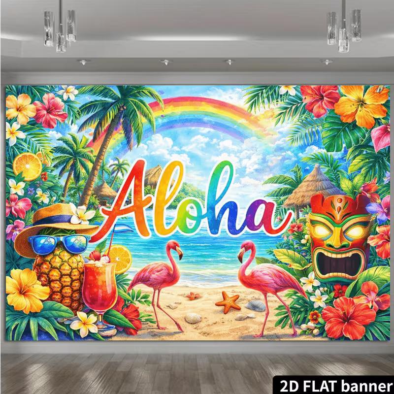 2D Summer Hawaii Aloha Tiki Mask & Flower Photo Booth Background