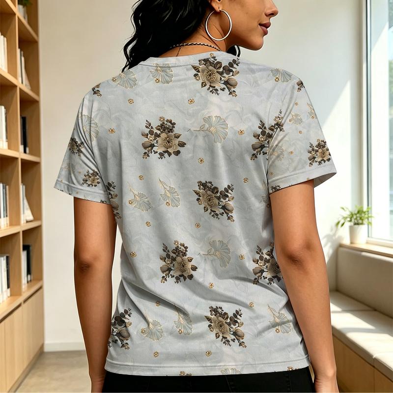 Women's Floral Short Sleeve Tee Basic Versatile Soft Casual Top for Daily Shopping & Outings