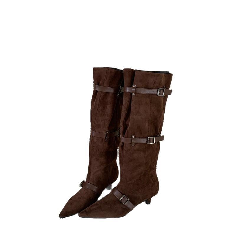 Pointed big tube around piled boots niche design retro western cowboy boots thick heel hot girl fashion sense long boots women
