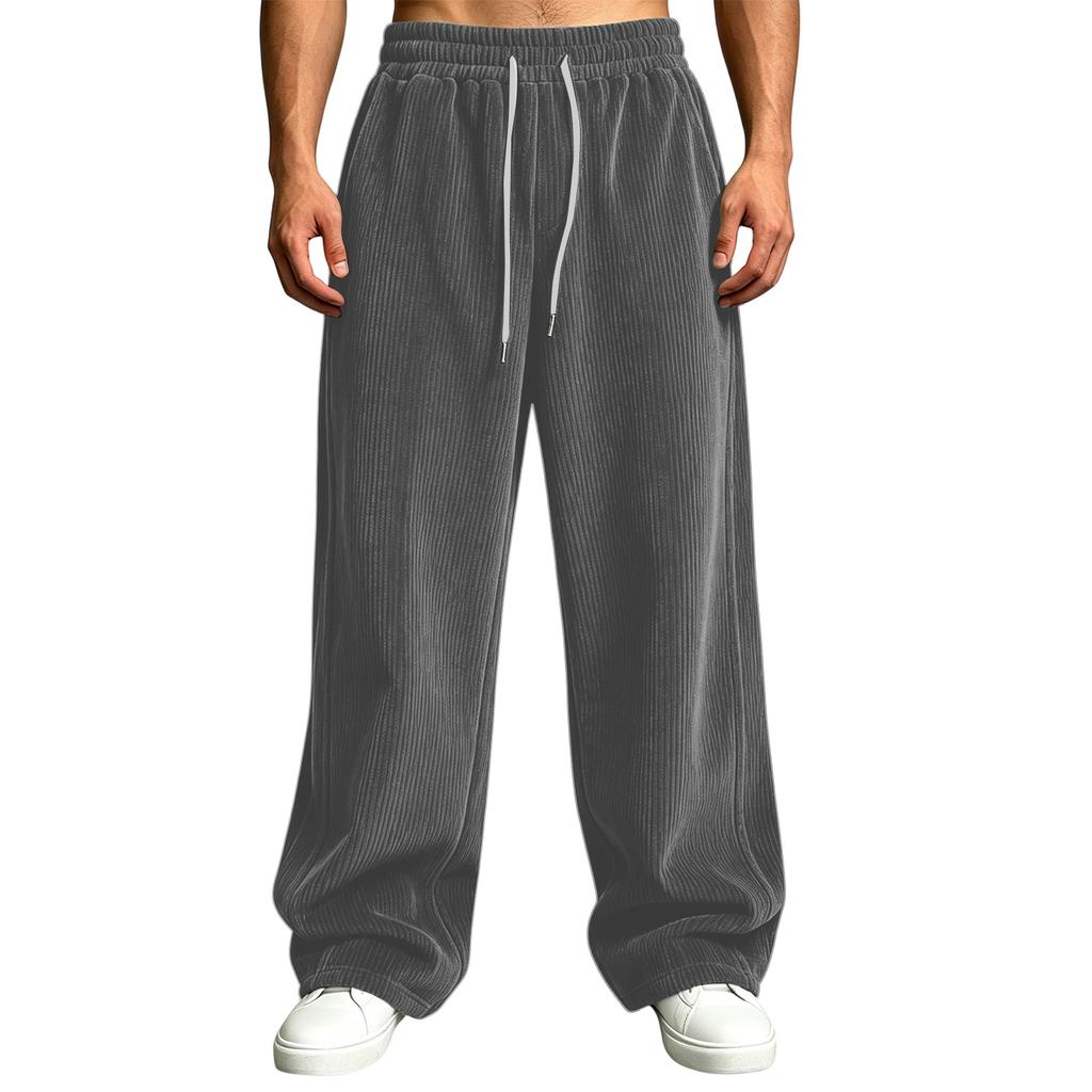 Herren Corduroy Freizeit Hose Hohe Taille Lockerer Schnitt Gerade Weiter Bein mit Taschen