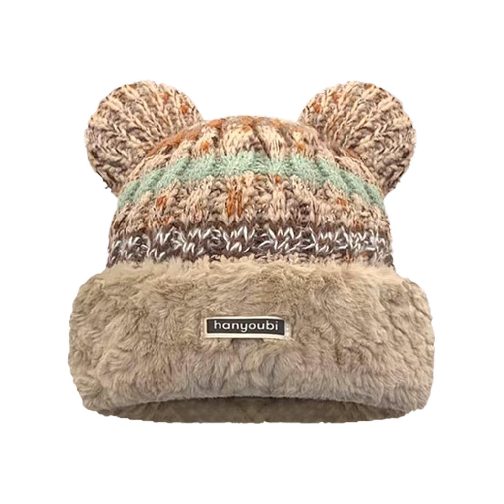 Knitted Beanie with Plush Bear Ear for Students Adult Windproof Winter Hat Striped Bear Ear Shape Keep Warm Cycling Hat