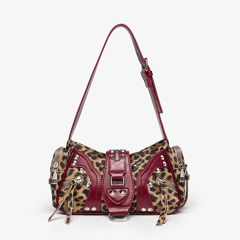 European American Y2k Studded Shoulder Bag Retro Motorcycle Bag Stylish Leopard Print Cow Print Handbag Designer Underarm Bag