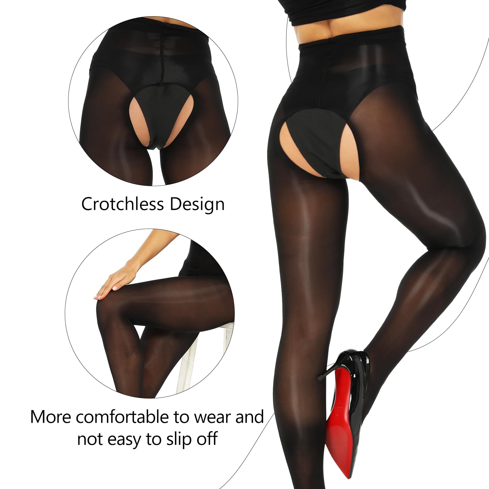 Yiran Sexy Lingerie Women's Black Kave 2Pairs Sexy Shiny Open Crotch Pantyhose For Ultra Oil Shimmer Tights High Waist Glossy Stockings Cm