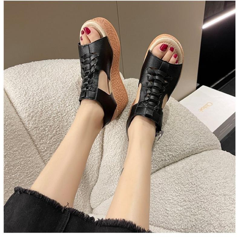 Women's Slope-heeled Thick-soled Large-size Sandals New Summer Fashion Waterproof Platform Side Zipper Hollow Sandals