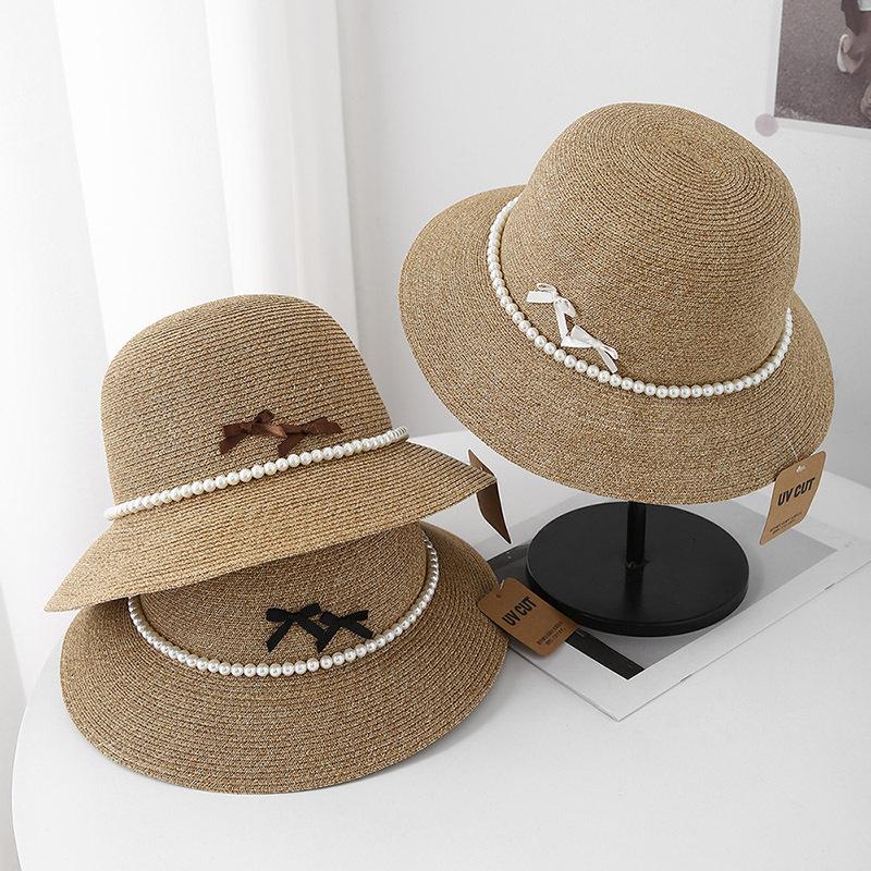 French sunshade bow pearl flat top straw hat sunshade sunscreen casual fashion versatile beach hat women
