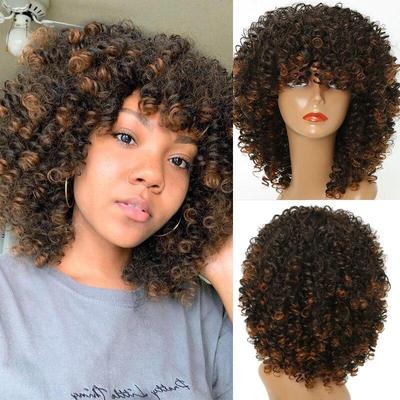 Women's Short Afro Kinky Curly Wigs With Bangs Ombre Brown Synthetic Wig Black Daily Party Headgear with Clips