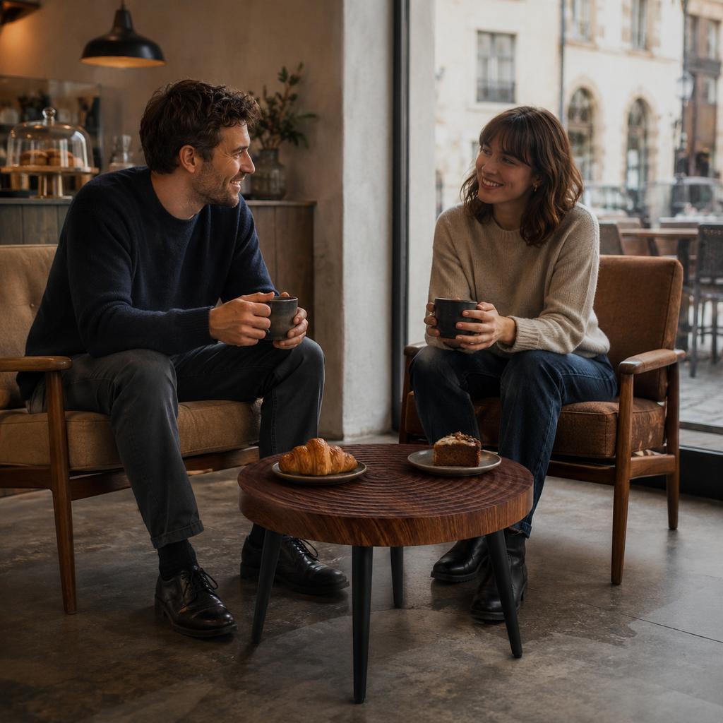 Tavolino da Caffè Rotondo in Legno Scuro con Piano Spesso 5 cm con Anelli Annuali, e Gambe in Metallo Nero; Ideale per Soggiorni Piccoli