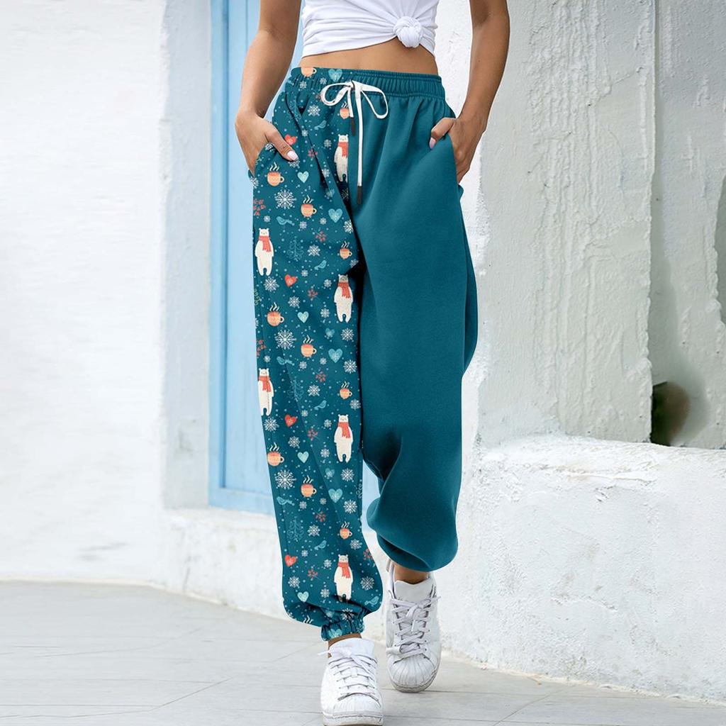 Women's Christmas  Print Casual Pants Drawstring Elastic Waist Drawstring Pants WIth Pockets