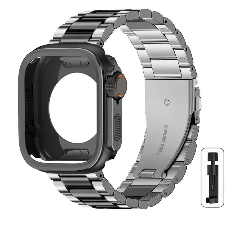 Alloy Case+Stainless Steel Strap For Apple Watch Ultra 2 1 49mm 46mm 45mm 44mm Hollow Out Protective Cover For Iwatch 10 9 8 7 6