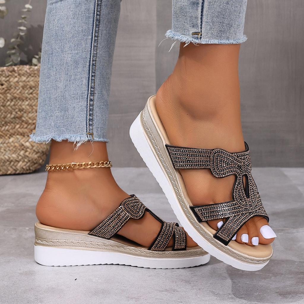 High Quality Women Sequined Cloth Slippers Bling Wedges Platform Summer Casual Comfortable Slides Woman's Shoes Plus Size