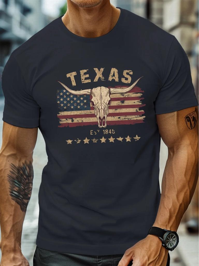 Men's Summer 100% Pure Cotton Fashionable Casual Loose Texas Longhorn Cow Skull Pattern Printed Round Neck Short Sleeved T-shirt