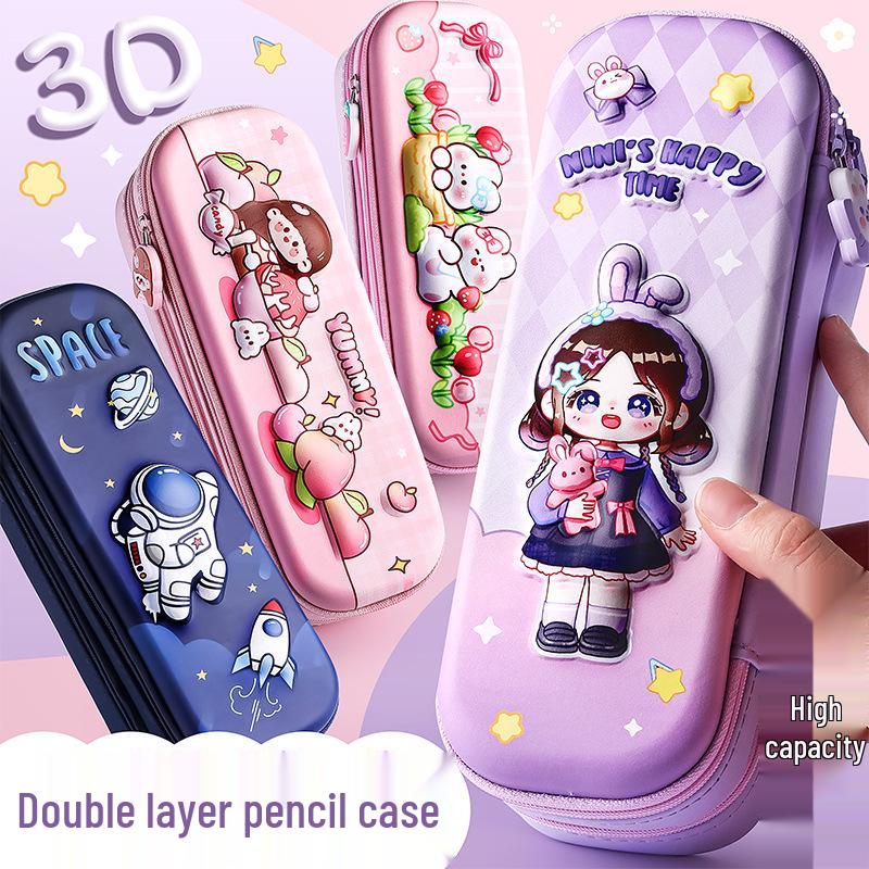 3D Kaba Bear Double-Layer Pencil Case for Boys - Large Capacity, Popular Student Design.