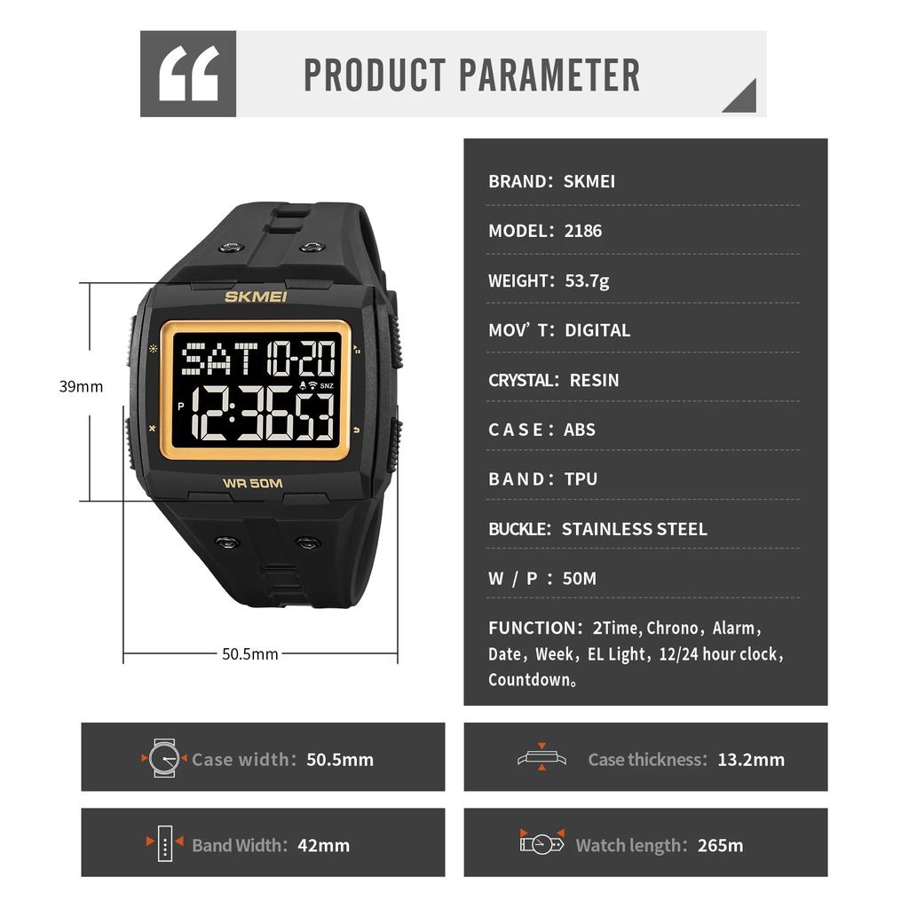 SKMEI 2186 hombre Countdown Sport Watches Mens 5Bar Waterproof Back Light Stopwatch Digital Wristwatch For Male Alarm reloj