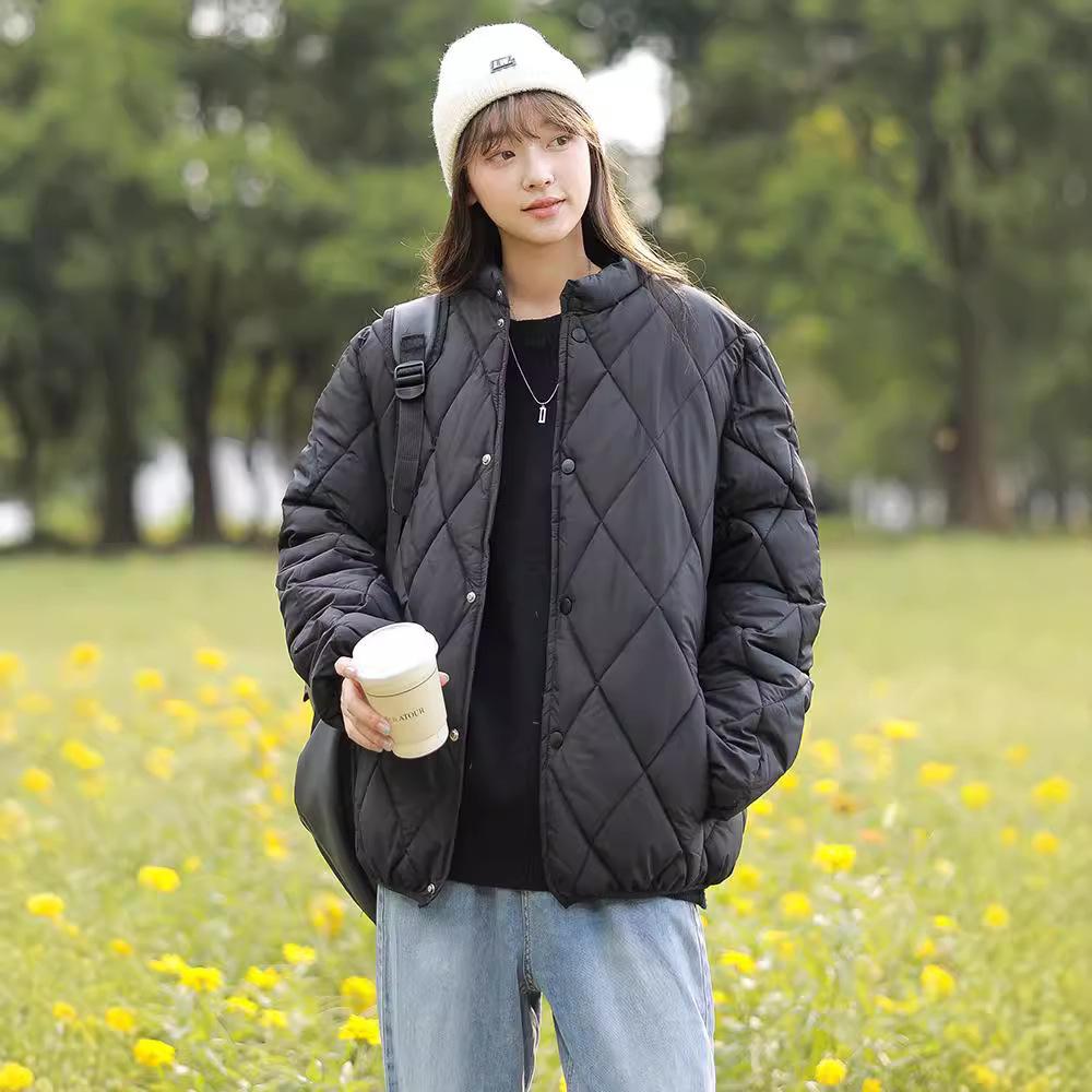 

Simple diamond lattice collar warm cotton jacket women s short light and loose 2025 winter new Korean version of down cotton jacket S чёрный