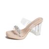 Summer One-Word With High-Heeled Slippers Waterproof Table Crystal Thick Heel Medium Heel Small Size Transparent Sandals Women