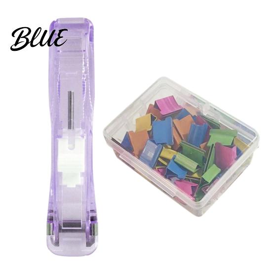 Reusable Binder Clips Paper Clip Stapler Portable Dispenser No Hole Punching Pusher with 50 Refillable Transparent Metal Office School Supplies Home
