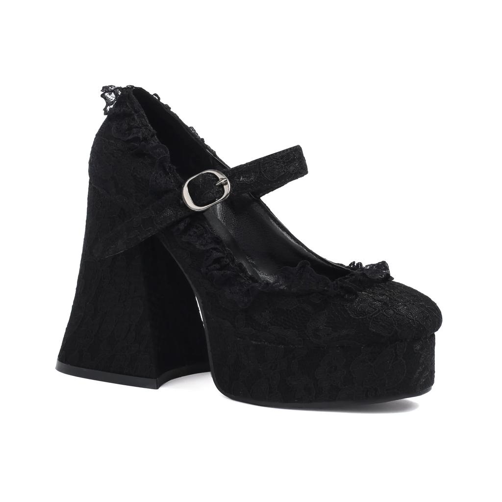 One Button Waterproof Platform High Heels Elegant Shoes with Thick Sole Lace Edging Mary Jane Shallow Single Shoes