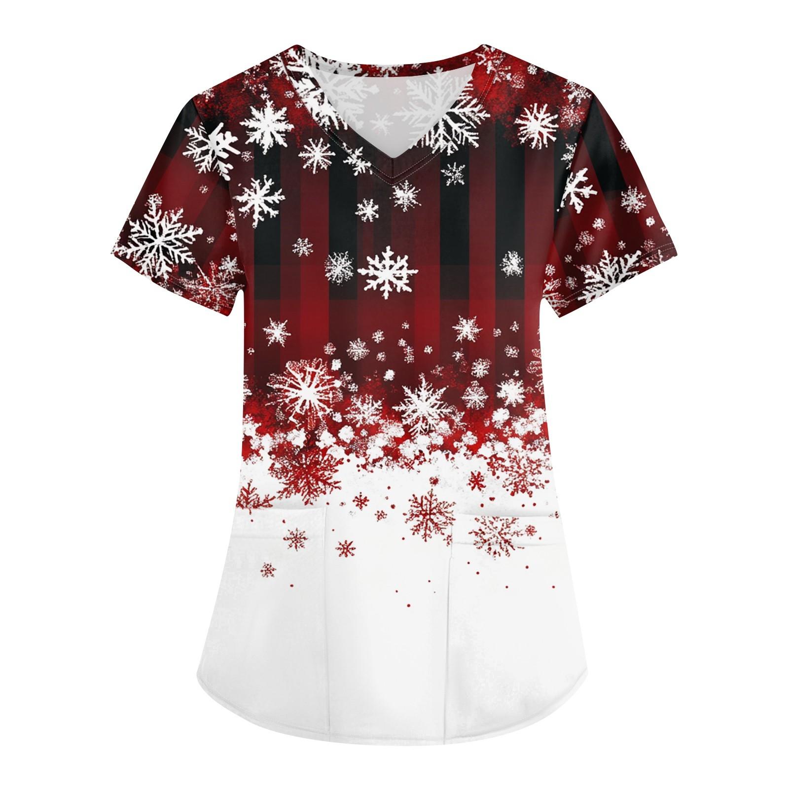 

Женская мода с v-образным вырезом, короткими рукавами и карманами, топы с рождественским принтом L красный