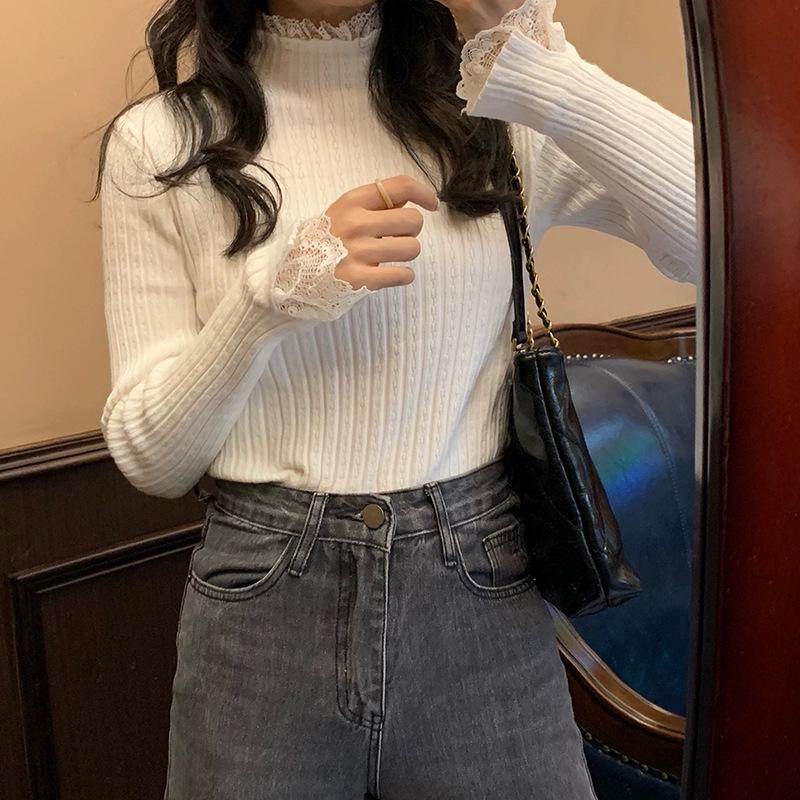 Lace Trim Semi-High Neck Slim Fit Women's Sweater - Apricot Knit Long Sleeve Top