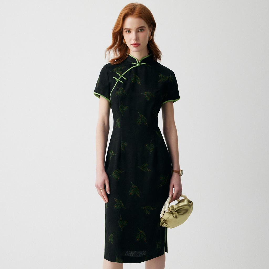 [New Chinese Qipao] 100% Mulberry Silk Summer Small Stand Collar Reduced Age Printed Fragrant Cloud Yarn Dress