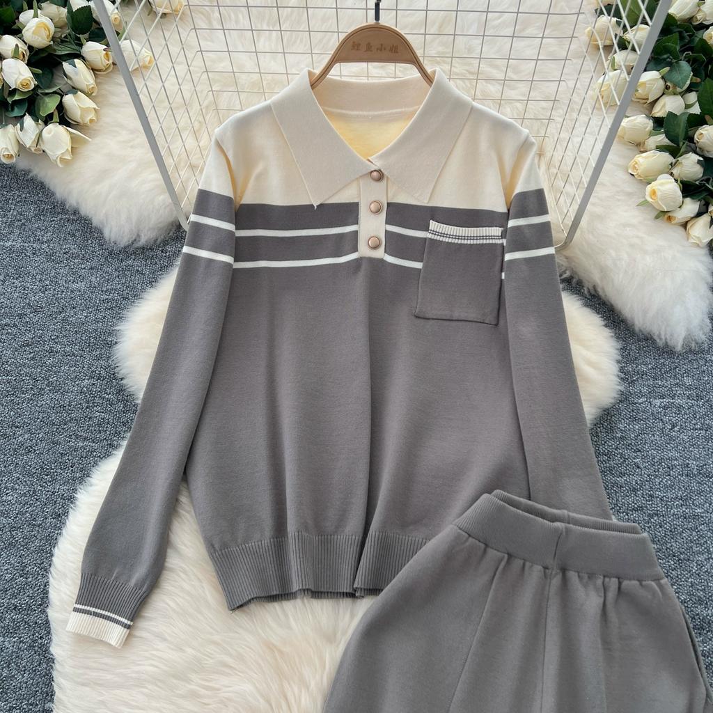 Toamnă Iarnă Femei Casual Set Tricou Tricotat în Dungi și Pantaloni Două Piese Top Pulover cu Guler Polo și Pantaloni cu Buzunar Trening